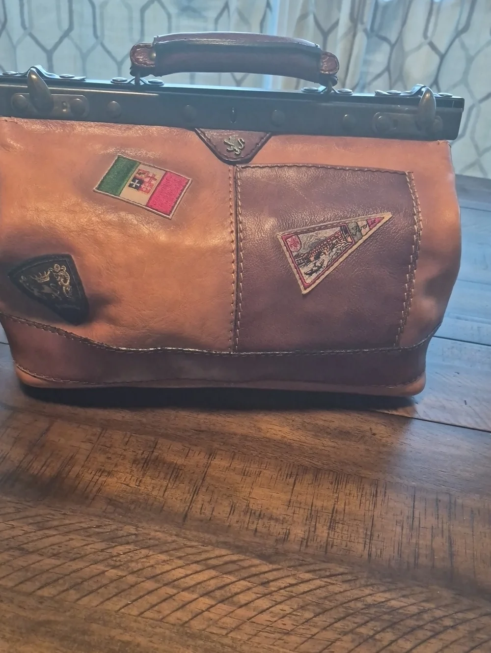 Two-Tone Brown Leather Satchel with Top Handle